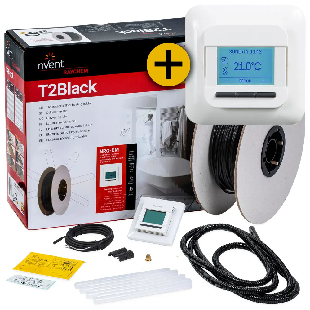 Przewód grzejny do ogrzewania podłogowego pod płytkami Raychem T2Black-12 W/m | długość 20 m | moc 250 W | z termostatem R-NRG-DM